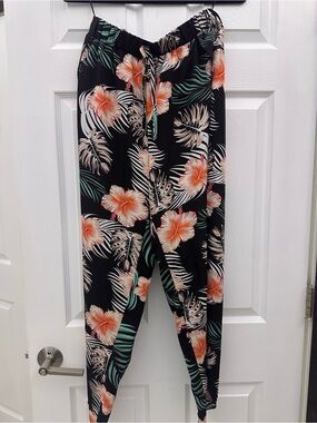 Tropical Floral Drawstring Joggers - Black with Coral & Teal Size OXL